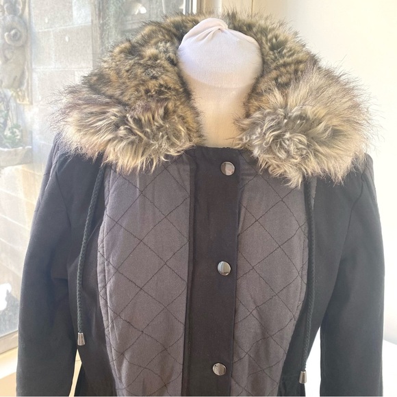 French Connection FC Jeans Faux-Fur Hood Quilted Parka Coat Black/Charcoal, US 6 - Picture 3 of 11